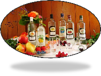 Birn Kaiser, Birn Willi, Bitter Carlsbader Fein, Bitter Ital., Brandy, Brandy Aprikos, Cognac de Luxe, Brombeer, Calvados, Grappa, Heidelbeer, Himbeer-Aroma, Holunder, Jamaica Rum Weiß, Kirsch,  Limoncello, Mirabelle, Pfirsich roter Weinberg, Preiselbeere, Schweitzer-Alpenkreuter, Slivovitz, Whisky Canadien, Whisky Tennessee, Kirsch-Wodka, Zwetschge
